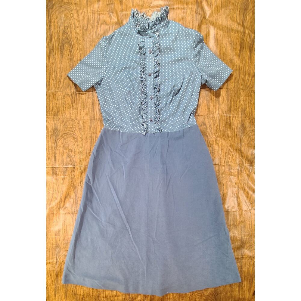 Vintage 60/70's Blue Ruffle Neck Polka Dot Velvet Midi Dress Jr's 16